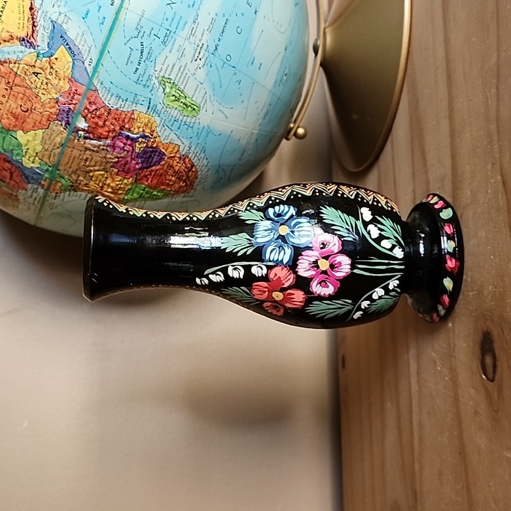 Vintage black floral handmade wood bud vase Folk Art